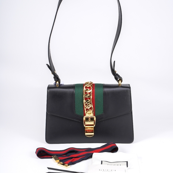 Gucci Black Leather Mini Web Chain Sylvie Top Handle Bag - Picture 12 of 16